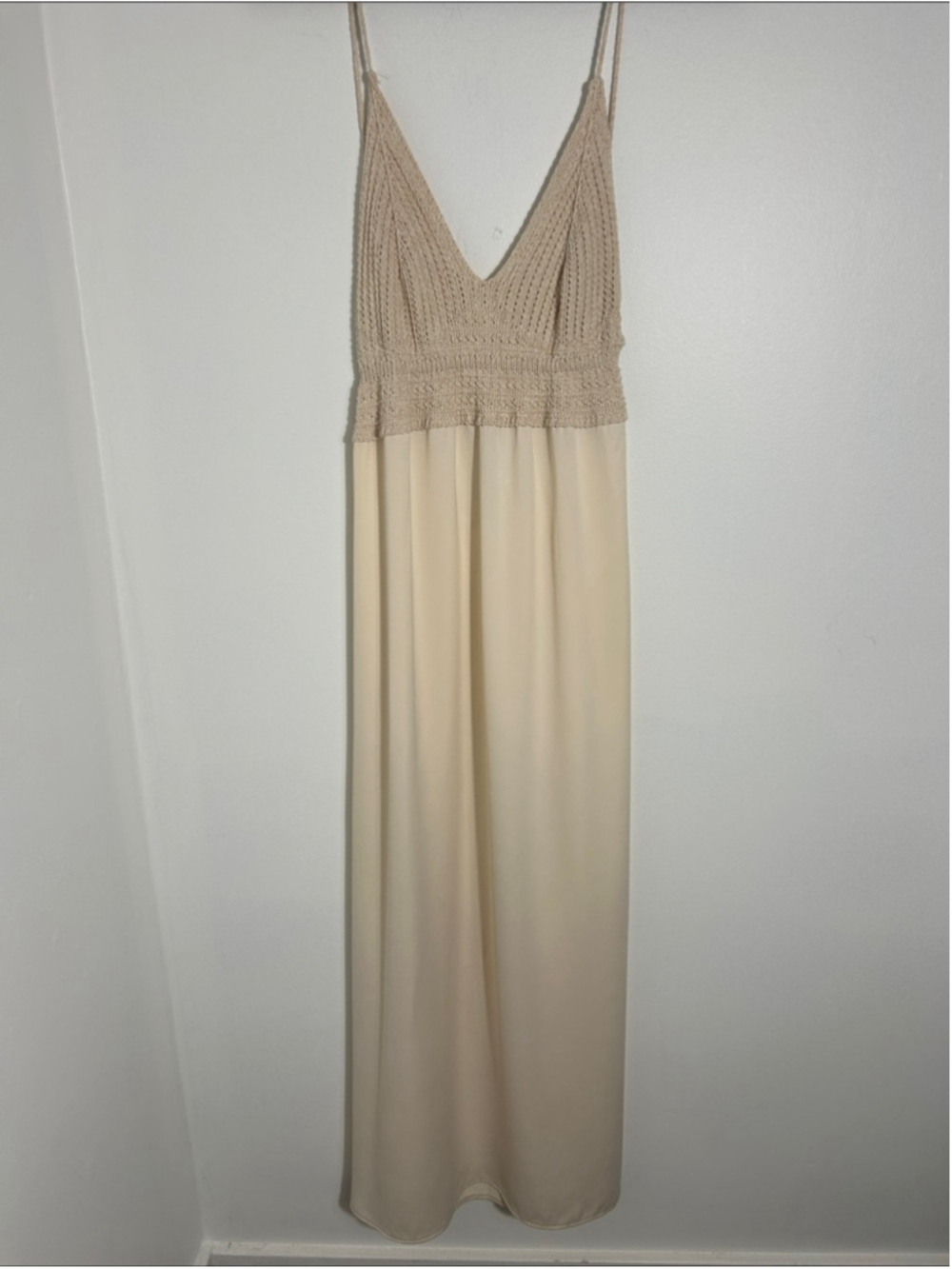 Zara Cream Crochet Knit Bodice Open Back Maxi Dress Tie Back Size Large